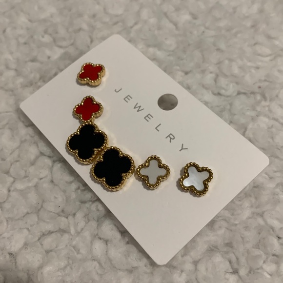 3 Gold Clover Earring Set (Red, Black, and Opal) - Picture 12 of 17